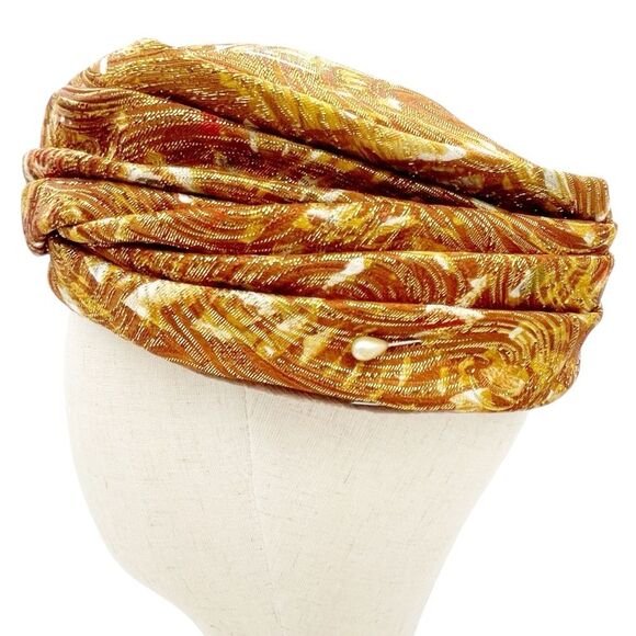Vintage Valerie Modes Draped Turban Pillbox Hat – Metallic Gold & Bronze Brocade - Picture 3 of 16